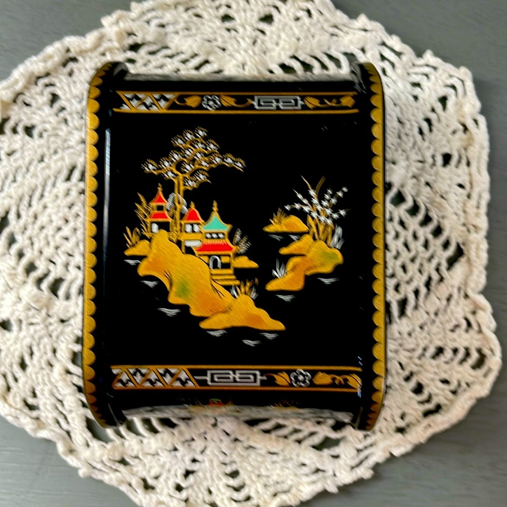 Vintage Japanese metal black lacquered painted cigarette box.
